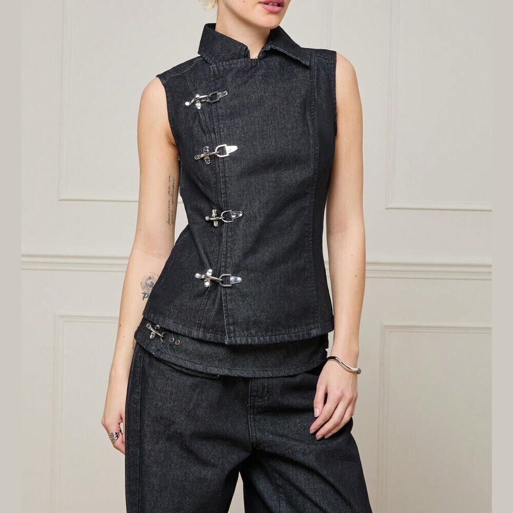 Black Denim Sleeveless Vest Top with Silver Clasp Hooks